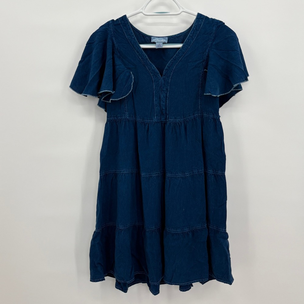 Studio West Womens Blue Rayon Tiered Flutter Sleeve V-Neck Mini‎ Dress Small